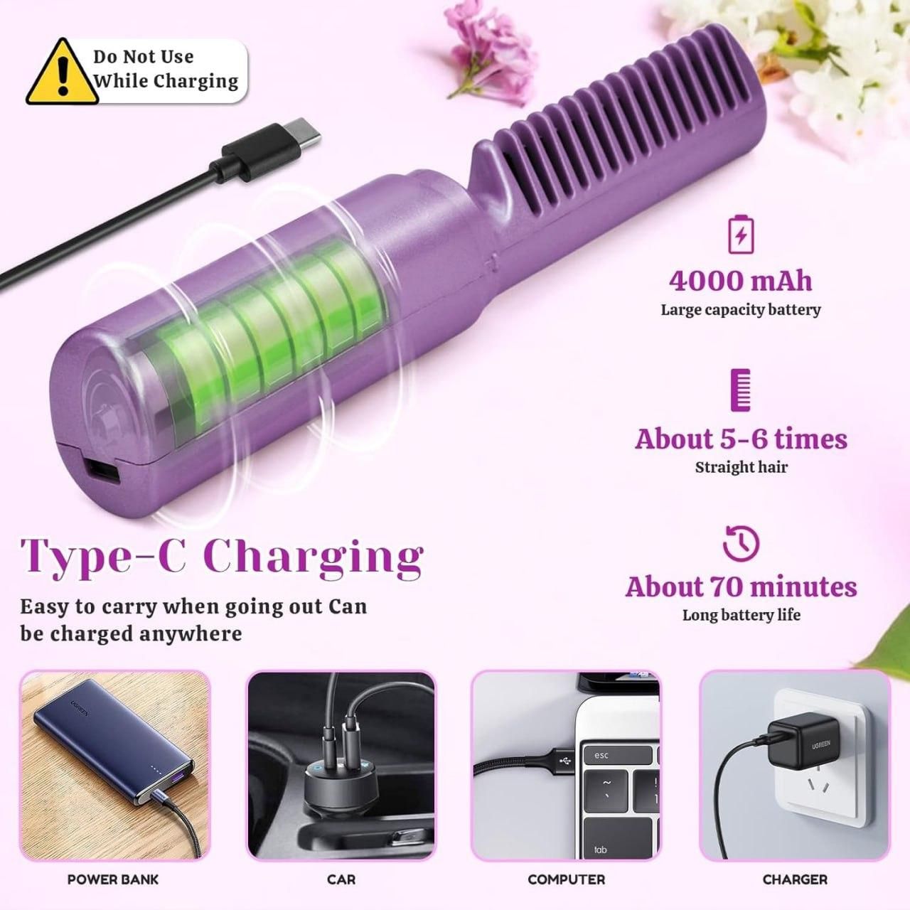 😇Meneflix Portable Mini Hair Straightener Cordless Rechargeable Mini Adjustable Hair Straightener Hot Comb😇